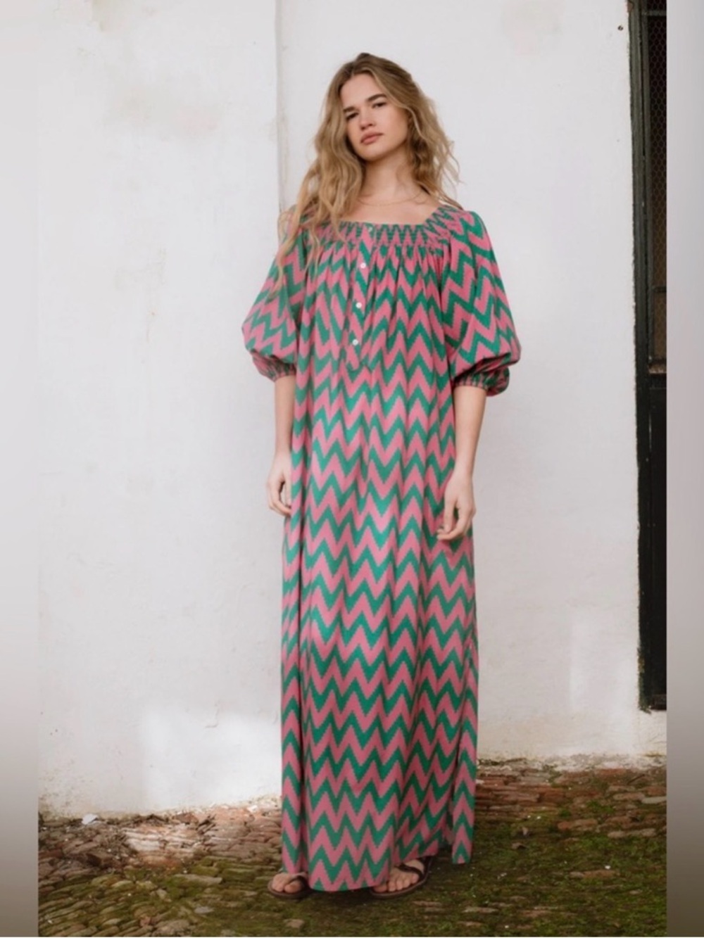Sonmer Smocked Cotton Maxi Dress- Pink & Green Chevron | Size Medium